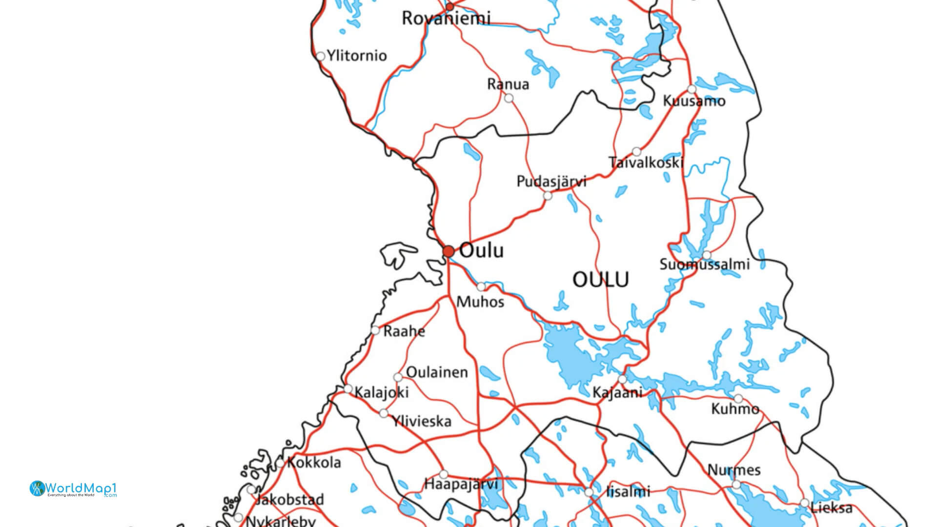Carte des routes et des lacs des villes du nord de la Finlande